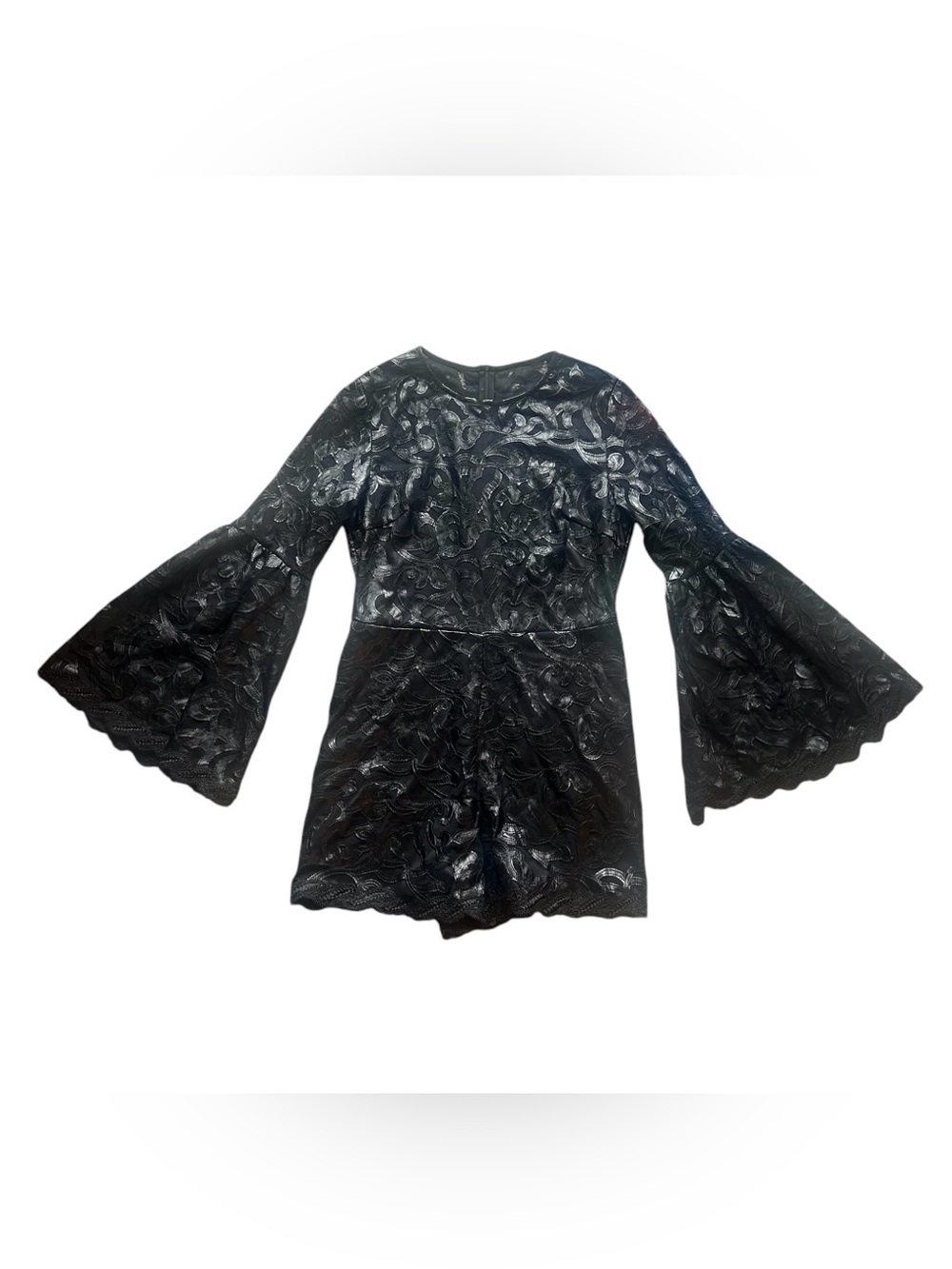 Boston Proper mesh laser-cut faux leather appliqué romper w/ bell sleeves, 10